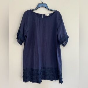 Umgee Cotton Short Sleeved T-Shirt Fringe Hem Dress in Navy Blue, size L